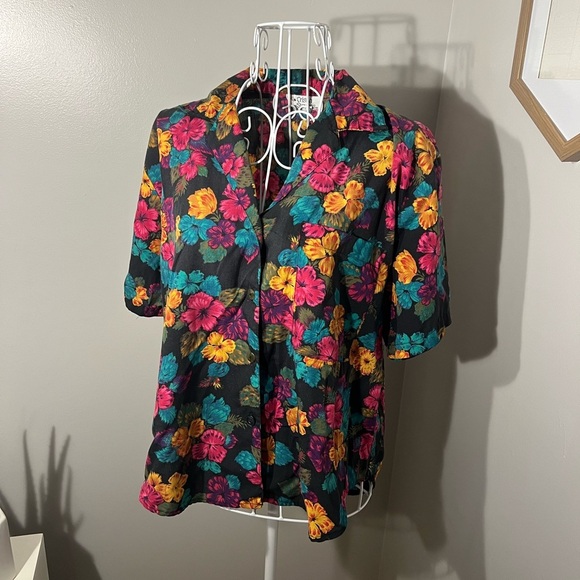 VTG Cristin Stevens Pink Floral Tropical Print Short Sleeve Blouse Petite Large - Picture 1 of 4